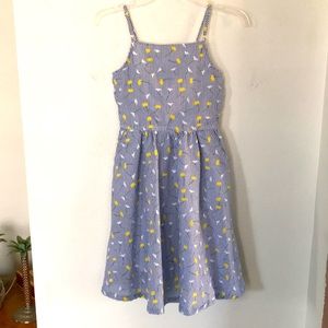 KIDPIK DRESS REALLY CUTE W/ YELLOW AND WHITE FLOWERS OVER BLUE AND WHITE STRIPES